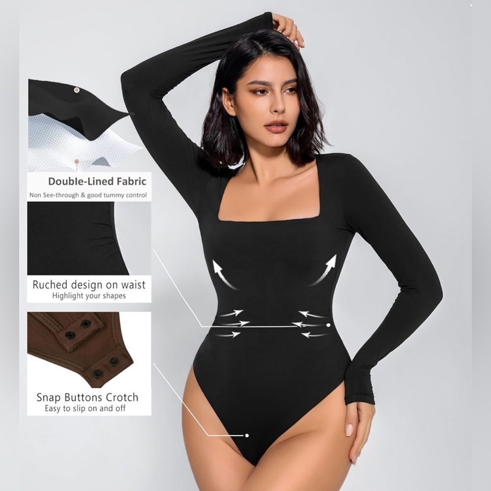 Long Sleeve Bodysuit Square Neck Double Lined Ruched Snap Closure Top size XL - Picture 9 of 10